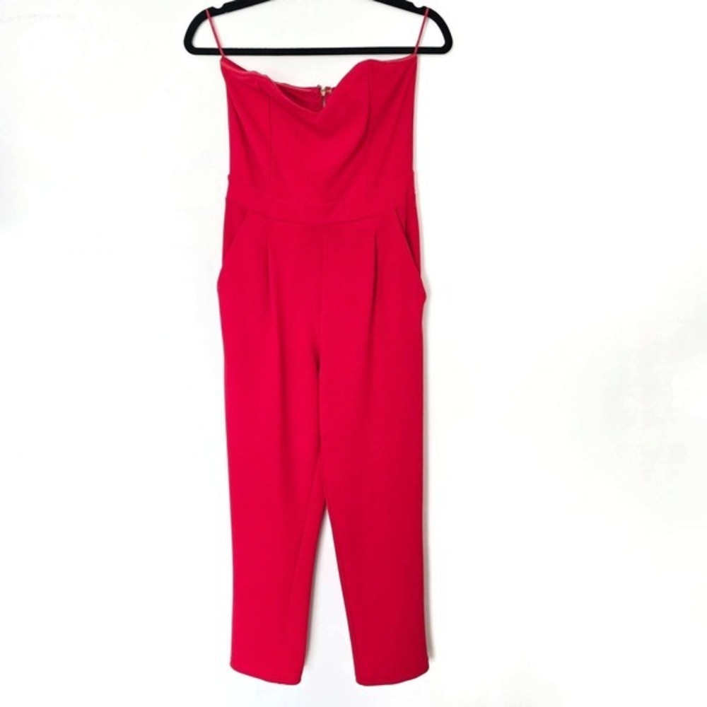 Express Jumpsuit Women 6 Red Strapless Sweetheart Neckline Pockets Stretch - Picture 2 of 7